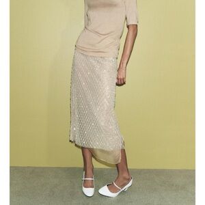 ZARA New With Tags Elegant Midi Cream Sequin Skirt